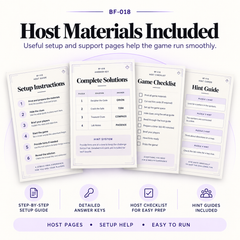 Host materials included with the escape room bundle including setup instructions, answer keys, game checklists, hint guides and support pages for running each game