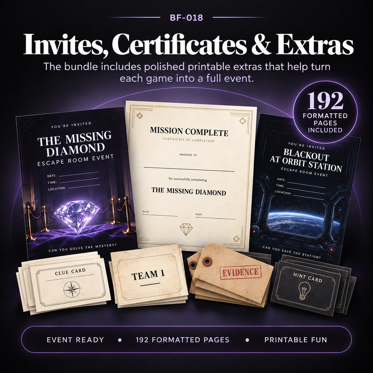 Printable escape room invitations, completion certificates, clue cards, team materials and event extras included across the four-game bundle