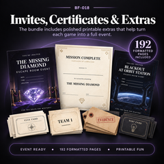 Printable escape room invitations, completion certificates, clue cards, team materials and event extras included across the four-game bundle