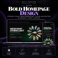 KAIROX bold Shopify homepage design with strong product imagery, clean navigation and product-first layouts for sneaker and streetwear ecommerce.