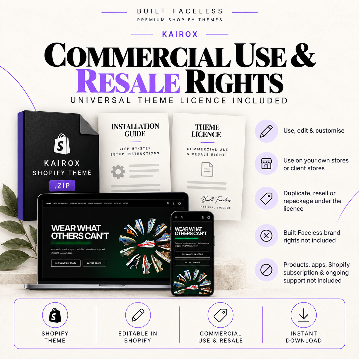 KAIROX Shopify theme package with commercial use and resale rights, installation guide and universal Built Faceless theme licence included.