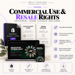 KAIROX Shopify theme package with commercial use and resale rights, installation guide and universal Built Faceless theme licence included.