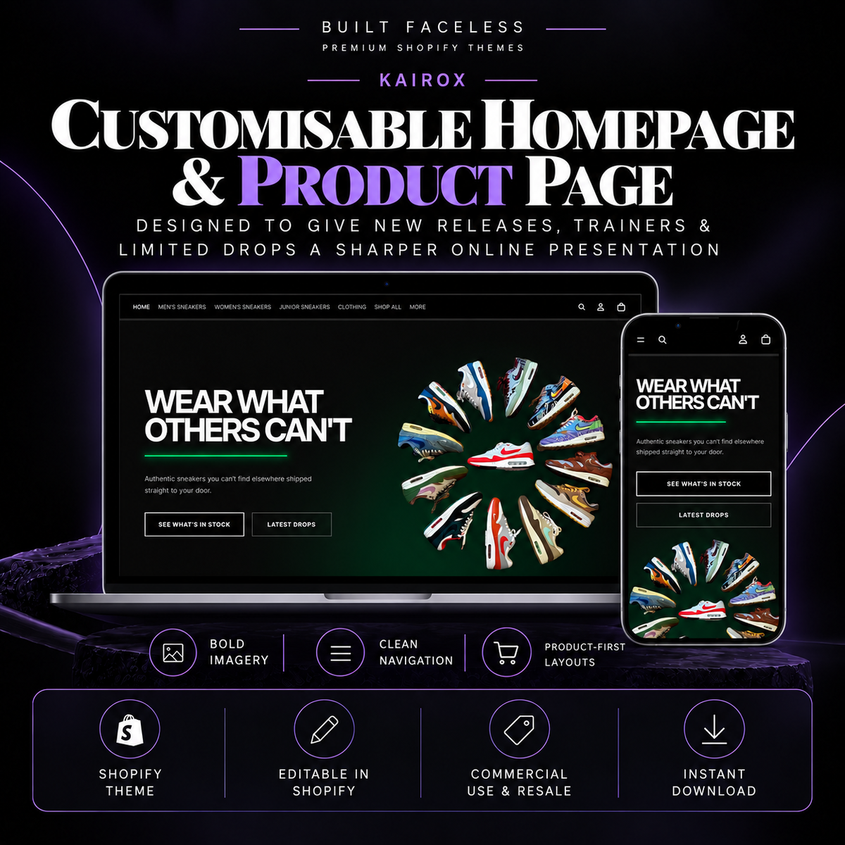 KAIROX customisable Shopify homepage and product page designed for sneaker releases, footwear collections and limited product drops.
