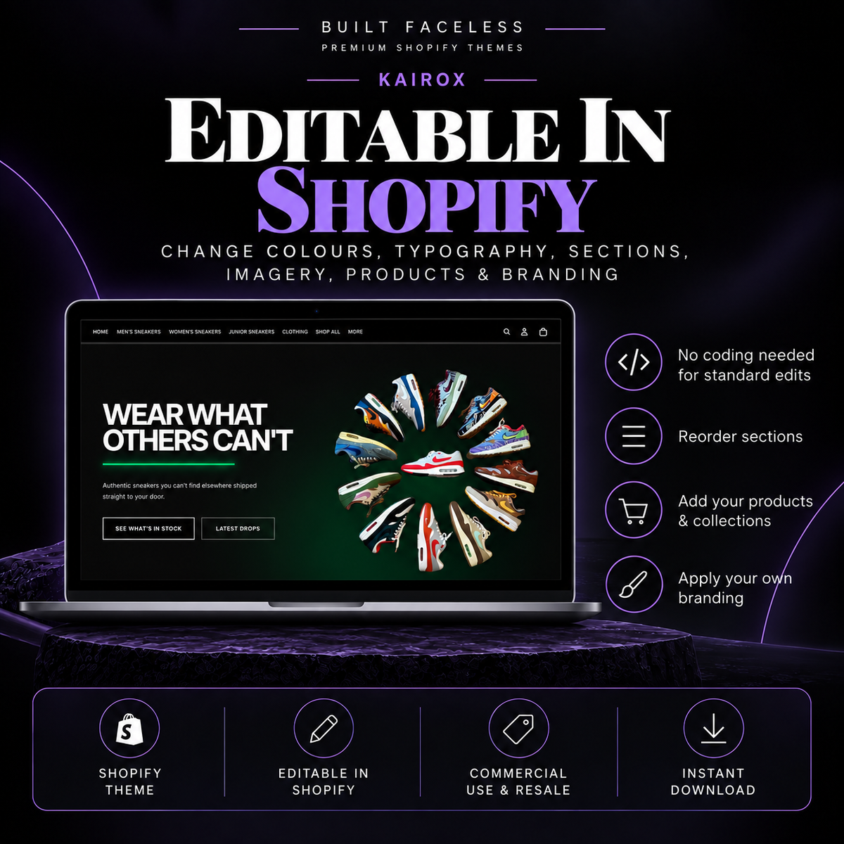 KAIROX Shopify theme showing editable colours, typography, sections, imagery, products and branding through Shopify’s native theme editor.