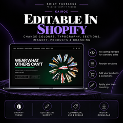KAIROX Shopify theme showing editable colours, typography, sections, imagery, products and branding through Shopify’s native theme editor.