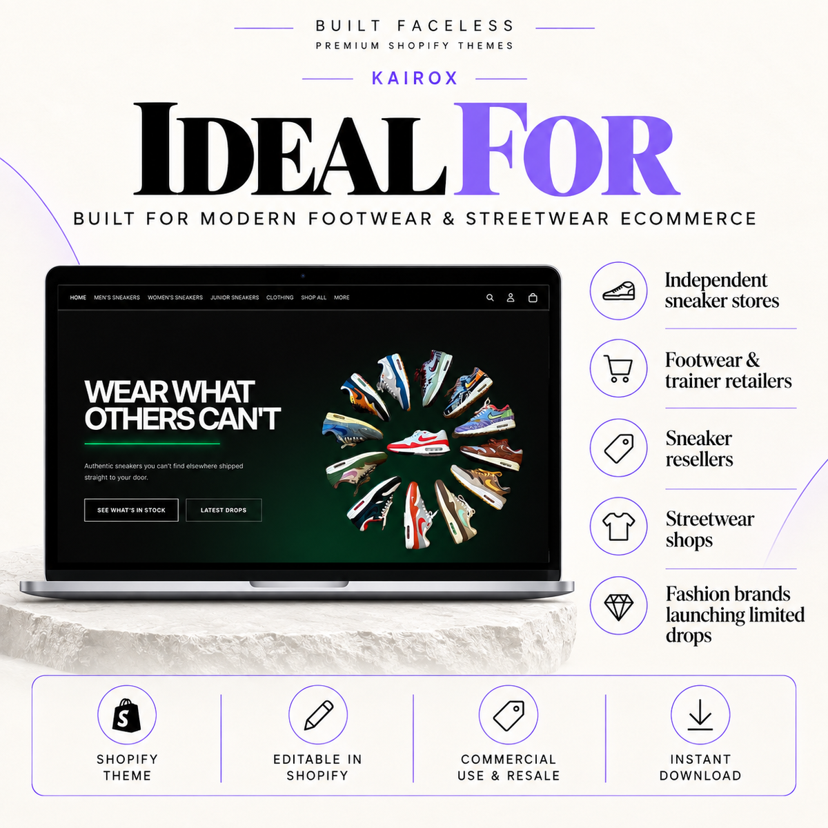 KAIROX Shopify theme for independent sneaker stores, footwear retailers, sneaker resellers, streetwear shops and fashion brands launching limited drops.