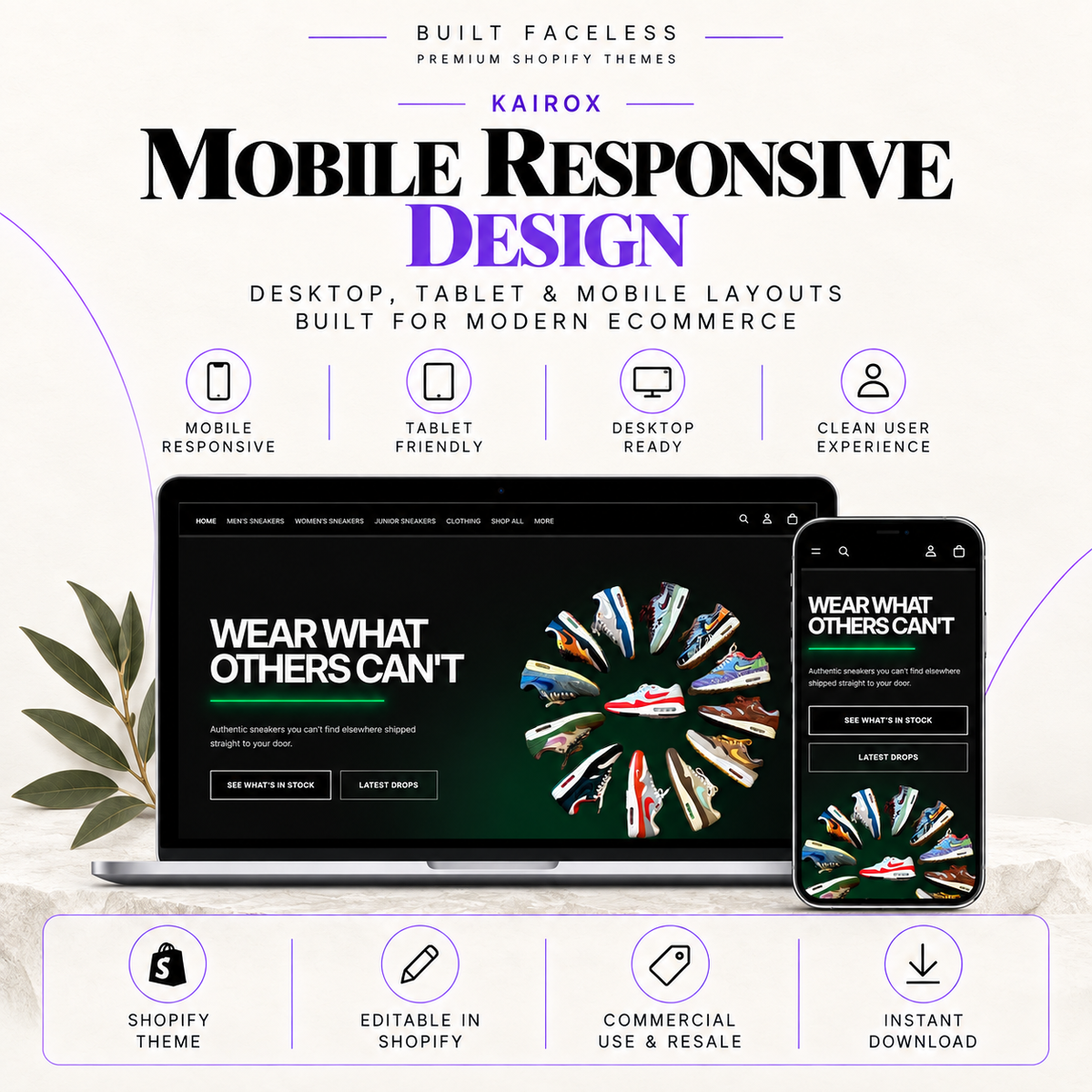 KAIROX responsive Shopify theme shown across desktop and mobile layouts, built for modern sneaker, footwear and streetwear ecommerce stores.