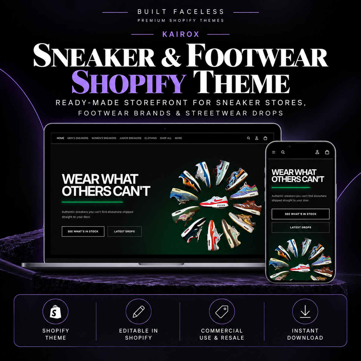 KAIROX sneaker and footwear Shopify theme shown on desktop and mobile, designed for sneaker stores, footwear brands and streetwear ecommerce businesses.
