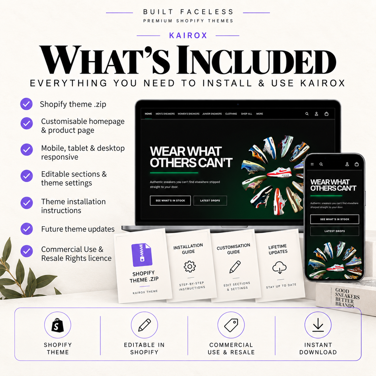 What’s included with KAIROX, including the Shopify theme ZIP, customisable homepage and product page, responsive layouts, installation instructions and resale licence.