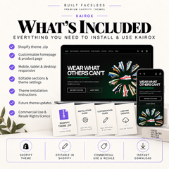 What’s included with KAIROX, including the Shopify theme ZIP, customisable homepage and product page, responsive layouts, installation instructions and resale licence.