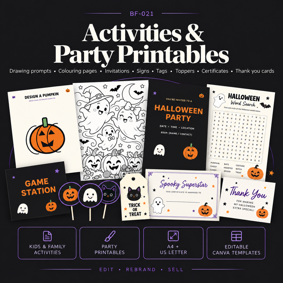 Halloween kids activities and party printables including colouring pages, drawing activities, invitations, party signs, treat tags, cupcake toppers, certificates and thank-you cards
