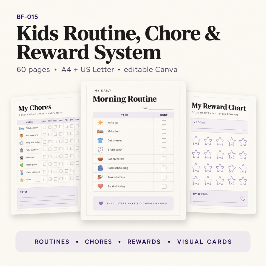 Kids Routine, Chore and Reward System with 60 editable pages, A4 and US Letter Canva templates, routine charts, chore tools, reward charts and visual cards