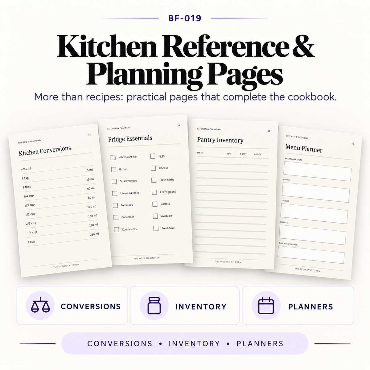 Square product image featuring kitchen planning and organiser pages included in the cookbook template bundle, designed in a clean luxury layout.