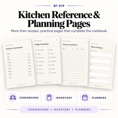 Square product image featuring kitchen planning and organiser pages included in the cookbook template bundle, designed in a clean luxury layout.