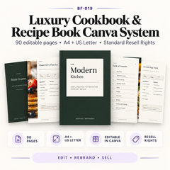 Square product image for the Luxury Cookbook & Recipe Book Canva System showing elegant cookbook and recipe book template mockups in a neutral editorial style.
