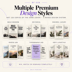 Premium eBook cover Canva templates in bold modern, editorial, minimal luxury, photo-led, typography-led and soft lifestyle design styles