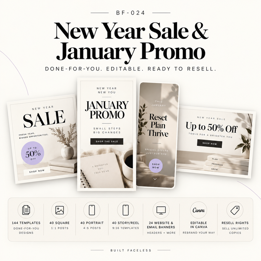 New Year Sale and January Promo Canva Marketing Kit with 144 editable templates including square posts, portrait posts, Story and Reel templates, website and email banners and Standard Resell Rights
