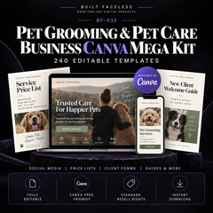 Pet Grooming and Pet Care Business Canva Mega Kit with 240 editable templates for groomers, dog walkers, pet sitters, daycare and boarding businesses.