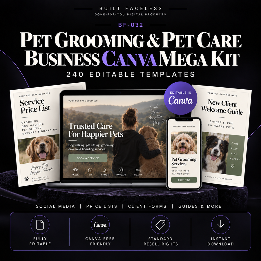 Pet Grooming and Pet Care Business Canva Mega Kit with 240 editable templates for groomers, dog walkers, pet sitters, daycare and boarding businesses.