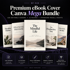 Premium eBook Cover Canva Mega Bundle with 120 editable Canva cover templates across 12 evergreen niches, multiple premium design styles and Standard Resell Rights