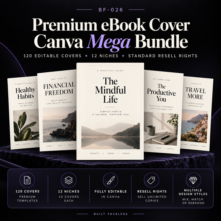 Premium eBook Cover Canva Mega Bundle with 120 editable Canva cover templates across 12 evergreen niches, multiple premium design styles and Standard Resell Rights