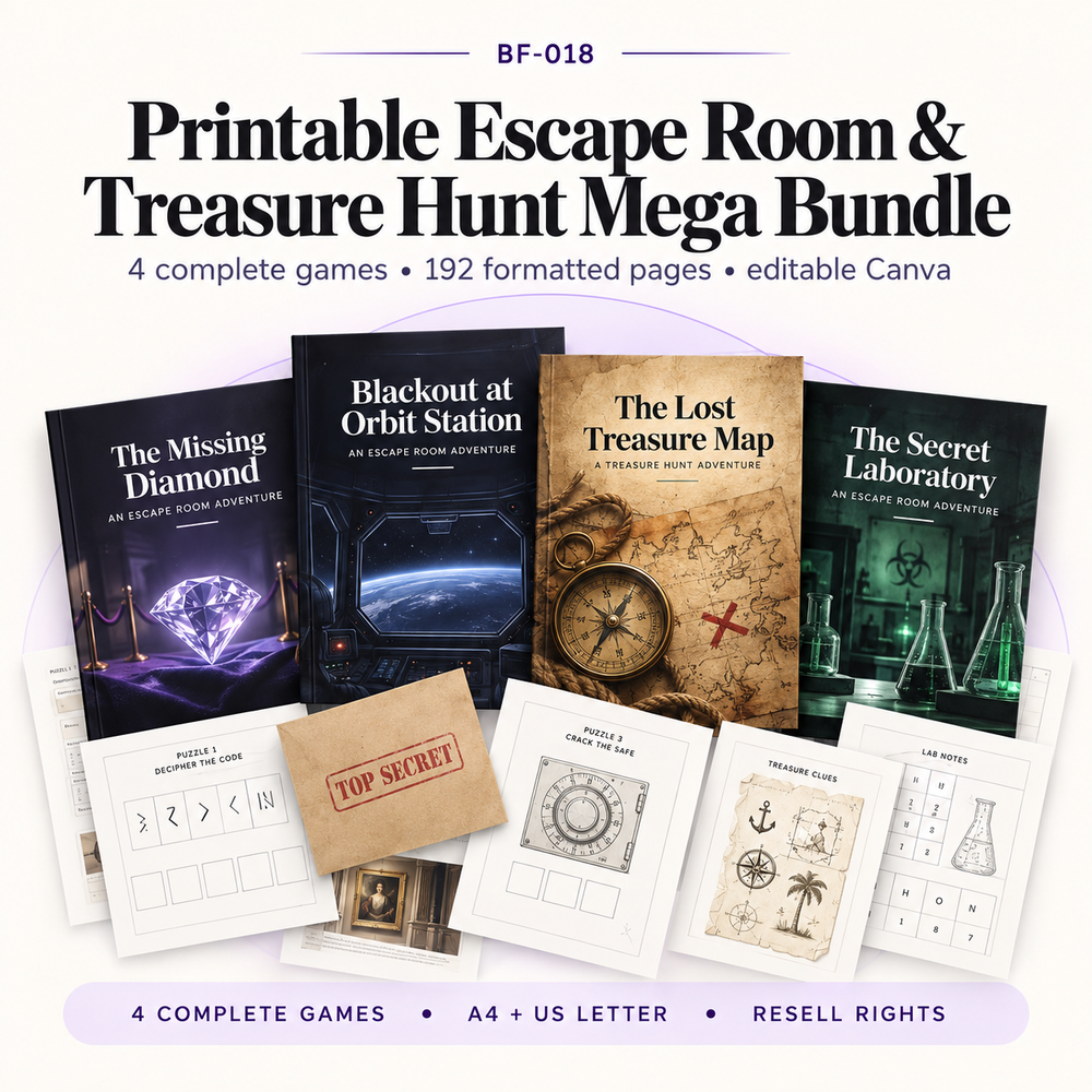 Printable Escape Room and Treasure Hunt Mega Bundle with 4 complete games, 192 formatted pages across A4 and US Letter, editable Canva templates and resell rights