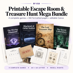 Printable Escape Room and Treasure Hunt Mega Bundle with 4 complete games, 192 formatted pages across A4 and US Letter, editable Canva templates and resell rights
