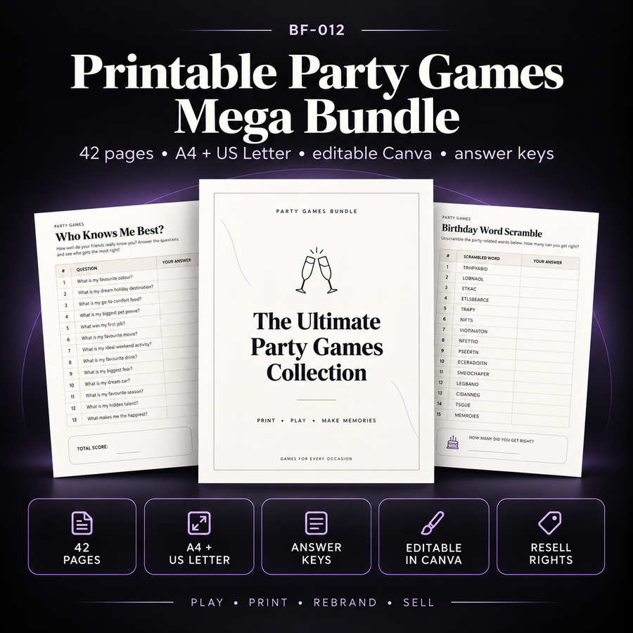Printable Party Games Mega Bundle with 42 editable pages, A4 and US Letter files, Canva templates, answer keys and resell rights