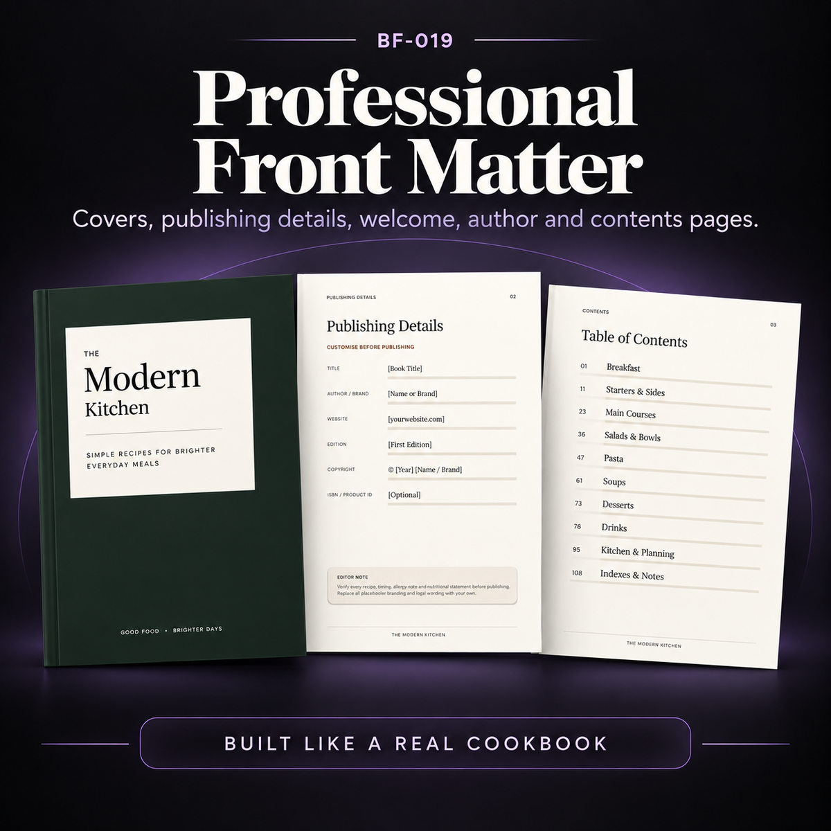 Square product image showing front matter pages included in the cookbook Canva system, such as introduction, contents, and branded opening pages.