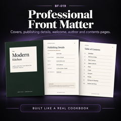Square product image showing front matter pages included in the cookbook Canva system, such as introduction, contents, and branded opening pages.