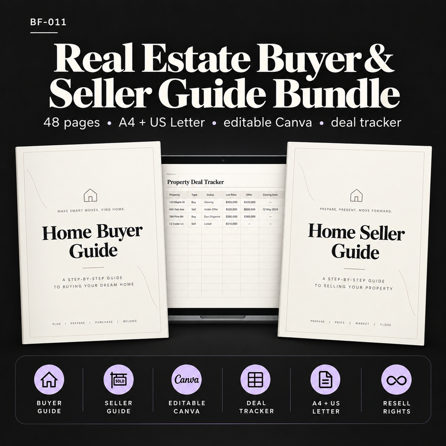 Real Estate Buyer and Seller Guide Bundle with 48 editable pages, A4 and US Letter Canva templates, automated deal tracker and resell rights