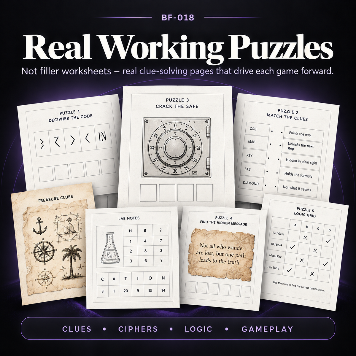 Printable escape room puzzle pages with ciphers, clue matching, logic grids, riddles, codes and multi-step puzzle mechanics designed to drive each game forward
