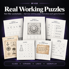 Printable escape room puzzle pages with ciphers, clue matching, logic grids, riddles, codes and multi-step puzzle mechanics designed to drive each game forward