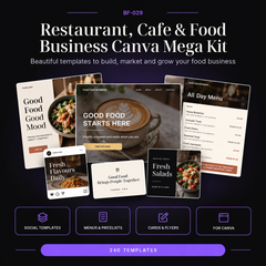 Restaurant, Cafe and Food Business Canva Mega Kit with 240 editable templates across 8 Canva collections including social media, menus, cards, forms, signs and Standard Resell Rights