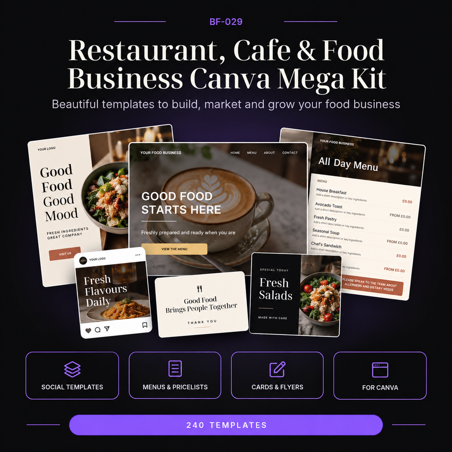 Restaurant, Cafe and Food Business Canva Mega Kit with 240 editable templates across 8 Canva collections including social media, menus, cards, forms, signs and Standard Resell Rights