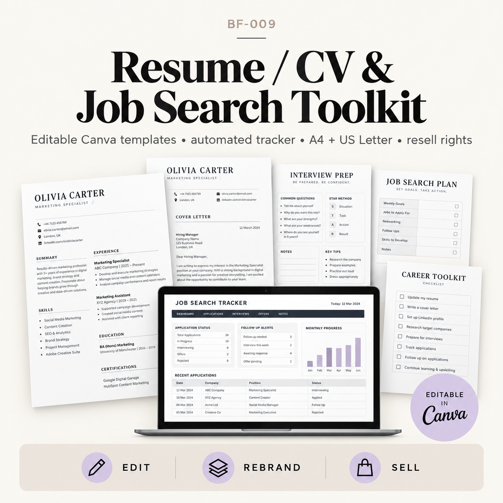 Resume CV and job search toolkit with 25 career planning pages, three resume styles, automated job tracker, Canva templates and resell rights