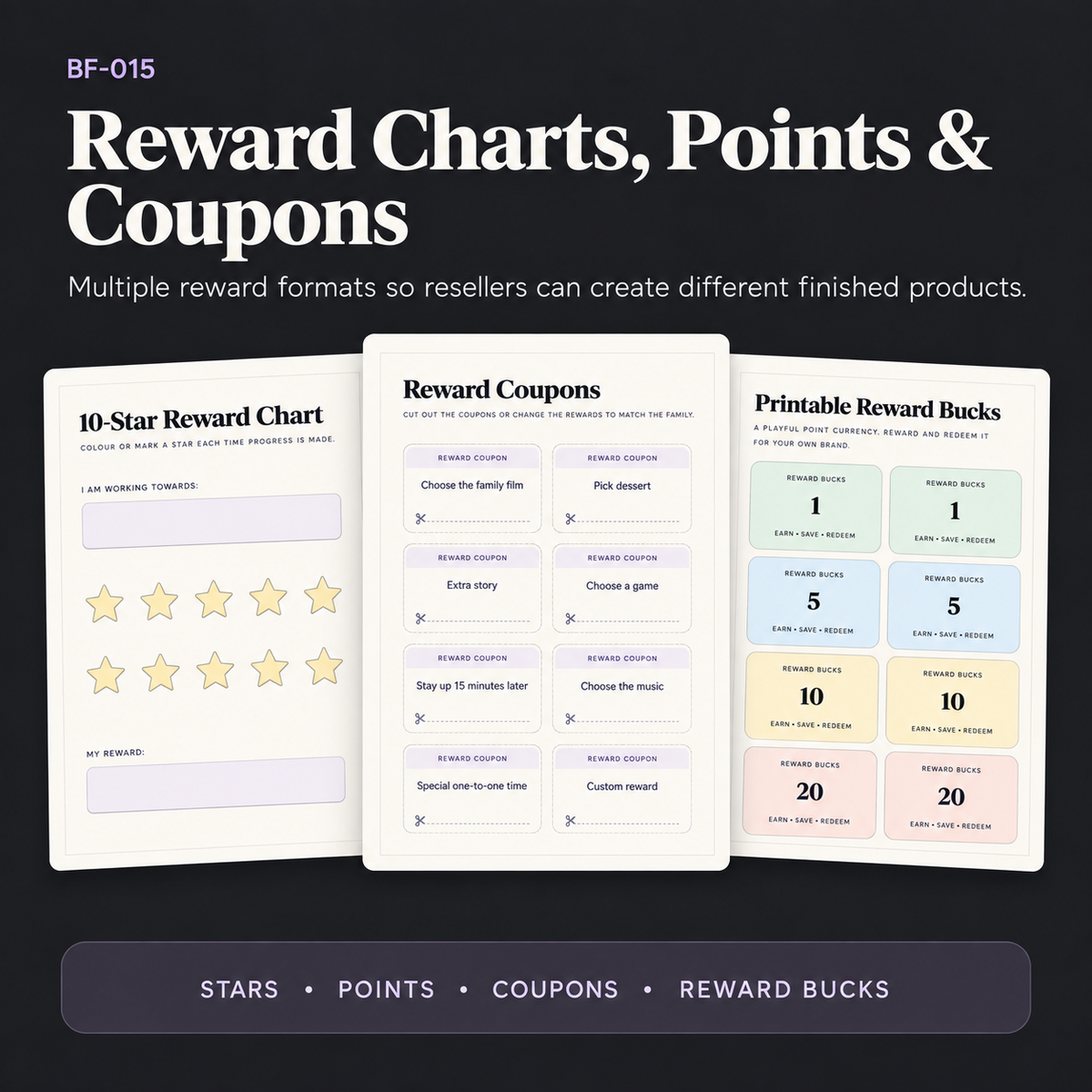 Kids reward system with star reward charts, points tracking, printable reward coupons and reward bucks for custom family reward systems