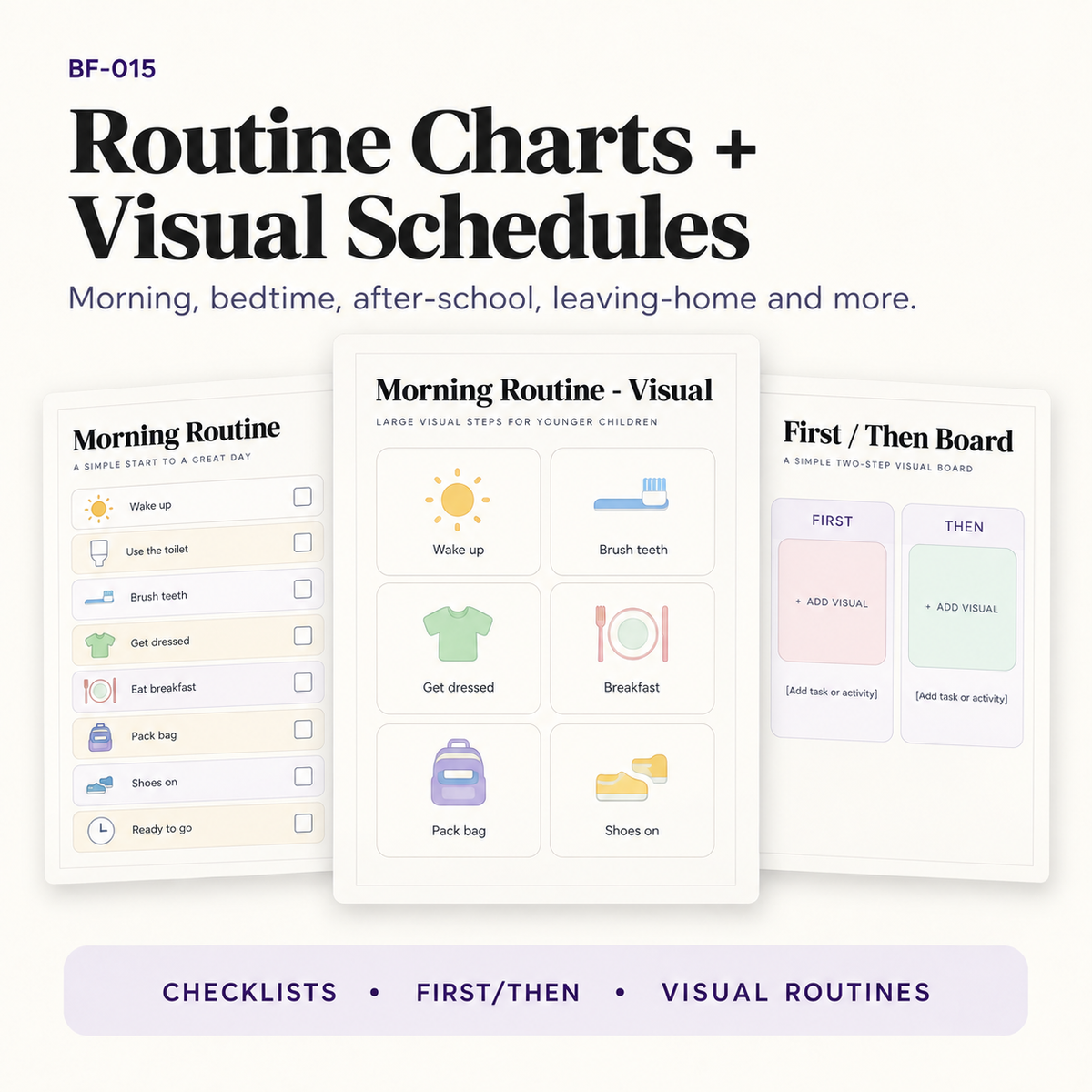 Editable kids routine charts and visual schedules including morning routines, visual routine pages and First Then boards for daily family organisation