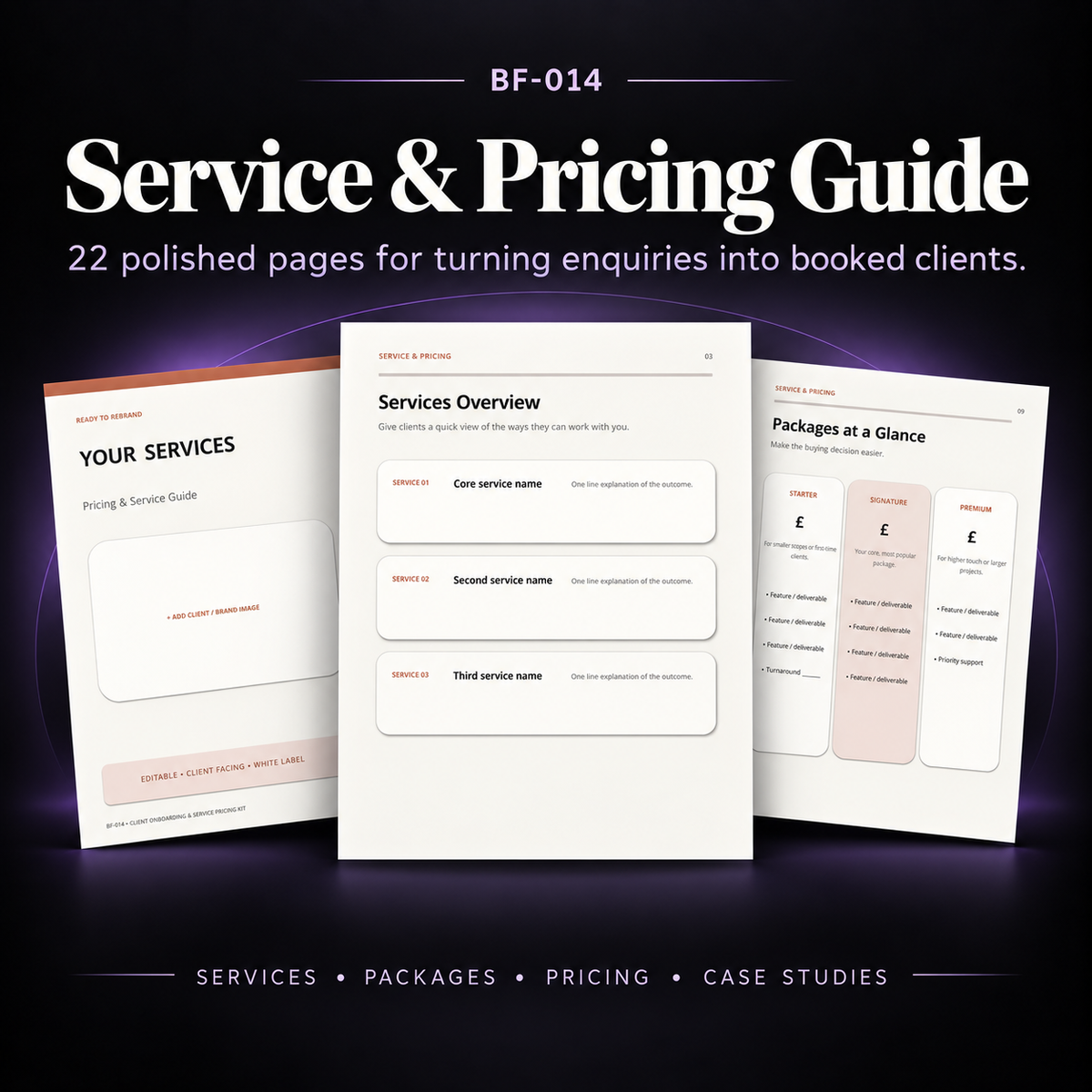 22-page editable Service and Pricing Guide with service overview, packages, pricing, case studies, testimonials, FAQs and booking pages