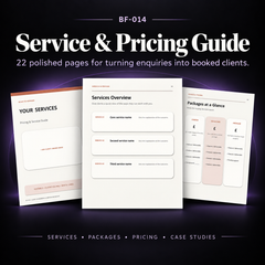22-page editable Service and Pricing Guide with service overview, packages, pricing, case studies, testimonials, FAQs and booking pages