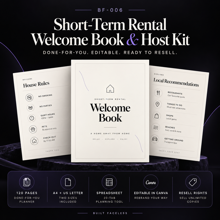 Short-term rental welcome book and host kit with 34 editable pages, A4 and US Letter Canva templates, printable PDFs and resell rights