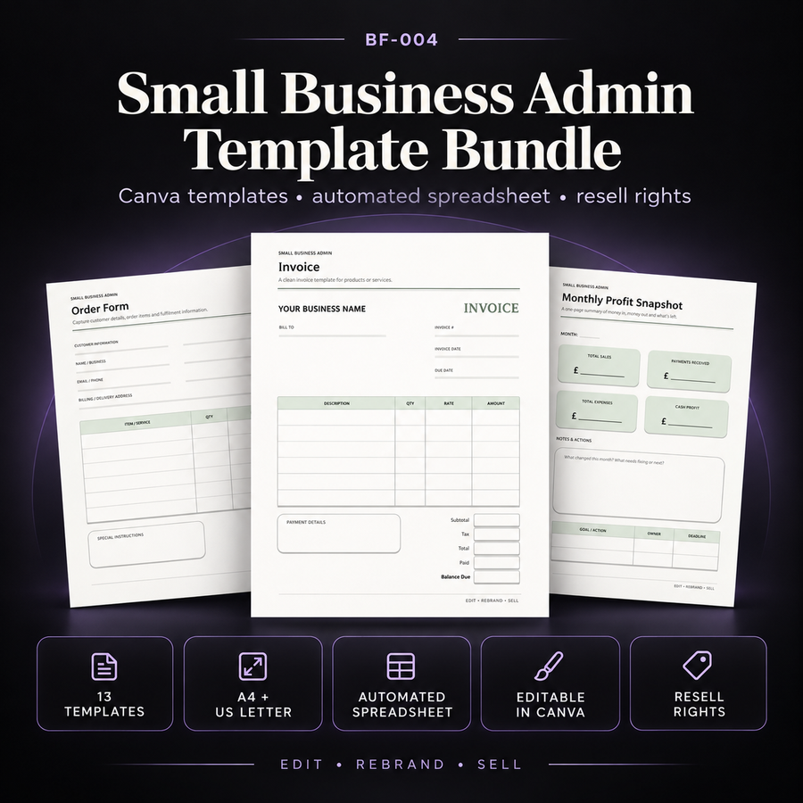 Small Business Admin Template Bundle with 13 editable business templates, automated spreadsheet, Canva files and resell rights