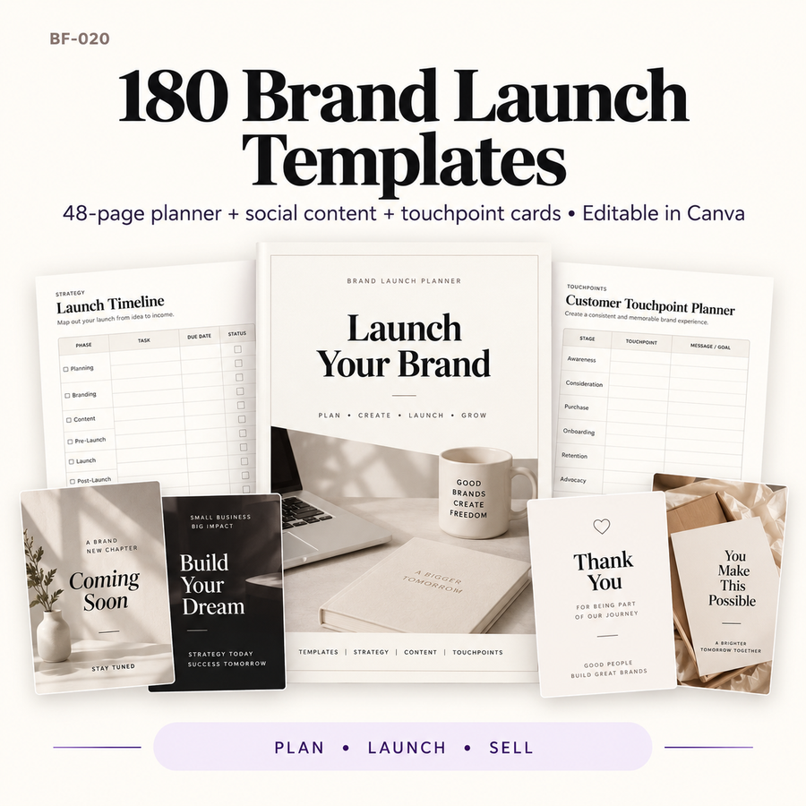 Small Business Brand Launch Kit with 180 editable Canva templates including brand strategy, launch planning, social media templates, Story and Reel templates, touchpoint cards and resell rights