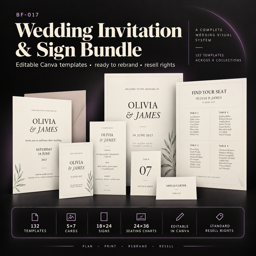 Wedding Stationery and Signage Canva Mega Bundle with 132 editable templates across invitations, reception stationery, wedding signs, seating charts and large signs with resell rights