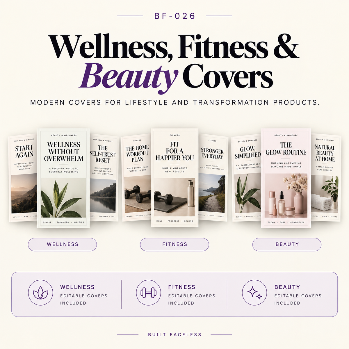 Editable Canva eBook cover templates for health and wellness, fitness, beauty and skincare digital products with multiple professional design styles