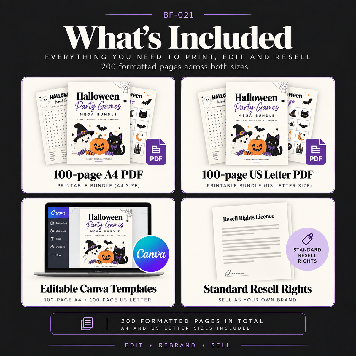 What’s included in the Halloween Party and Printable Games Mega Bundle including 100-page A4 and US Letter PDFs, editable Canva templates and Standard Resell Rights