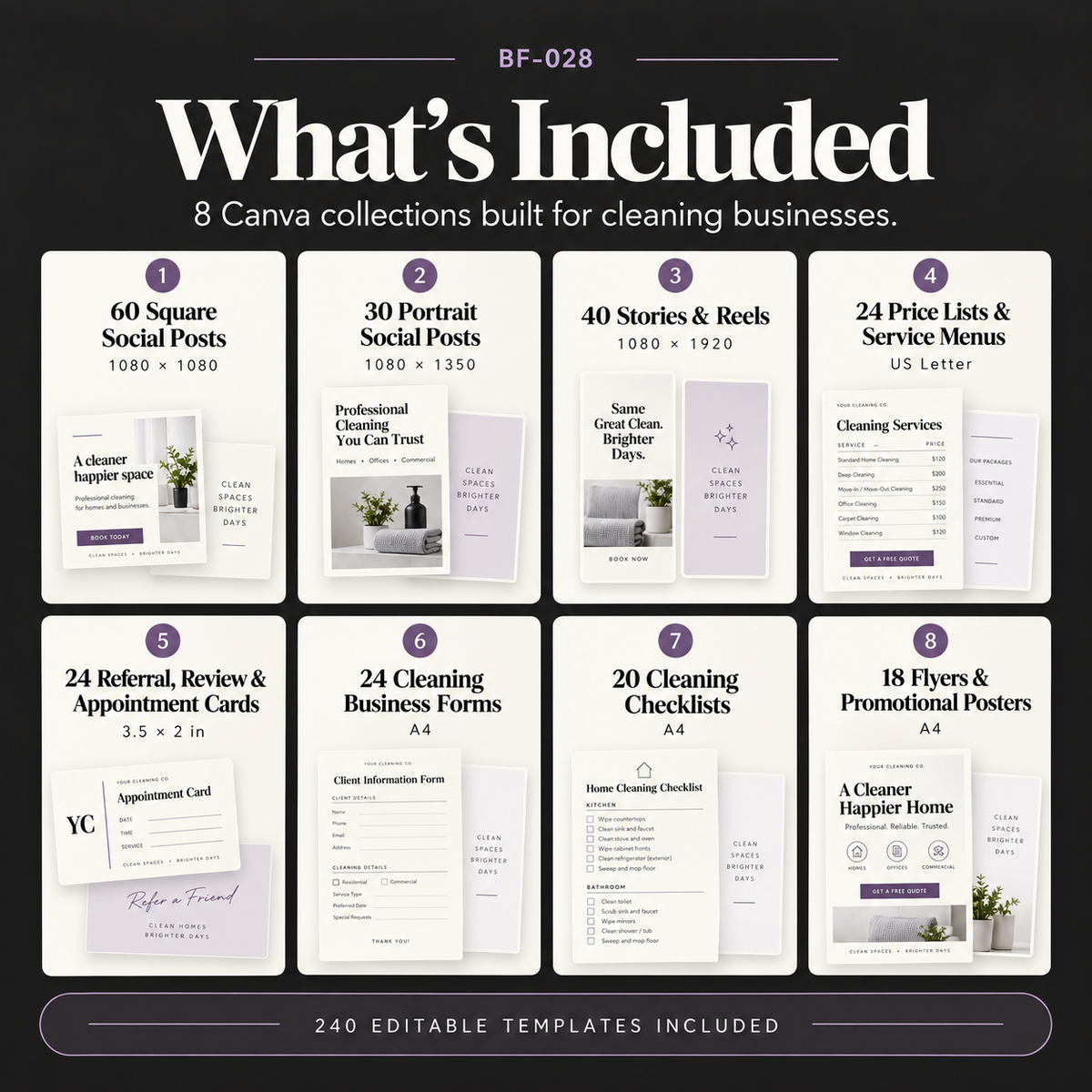 Product feature graphic showing what is included in the Cleaning Business Canva Mega Kit, including 240 editable Canva templates across social media posts, stories, service menus, cards, forms, checklists and flyers.