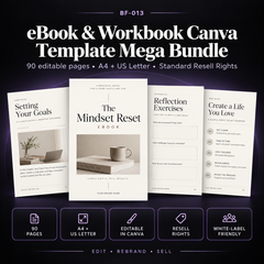 Main product image for the eBook & Workbook Canva Template Mega Bundle showing editable Canva templates for rebrandable digital products.
