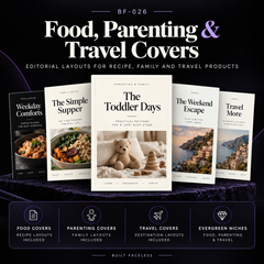 Editable Canva eBook cover templates for food and recipe, parenting and family, and travel digital products included in the 120-cover mega bundle