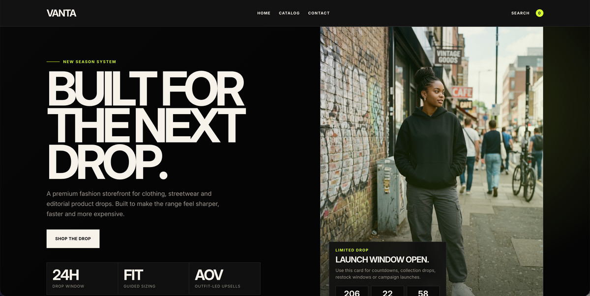 VANTA Shopify theme preview for a streetwear clothing store